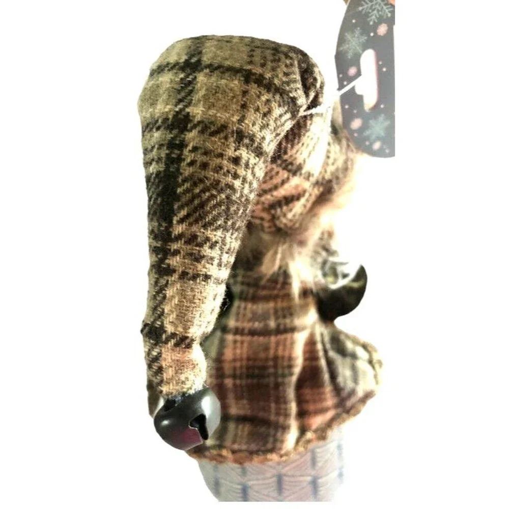 Christmas Pixie Elf Doll Gnome Gold Braid Trim Posable Hanging Bells Brown Plaid